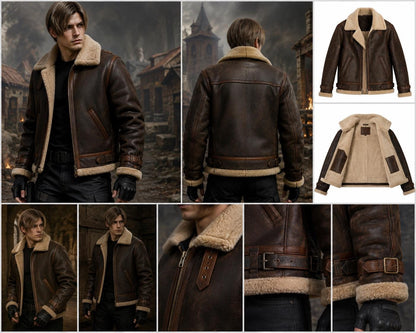 Brown aviator jacket collar and trim detail