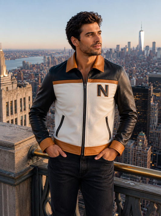 Men's color-block leather racer jacket by Premium Skin