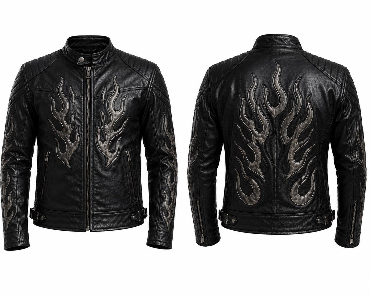 Black flame leather biker jacket by Premium Skin