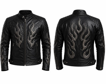 Black flame leather biker jacket by Premium Skin