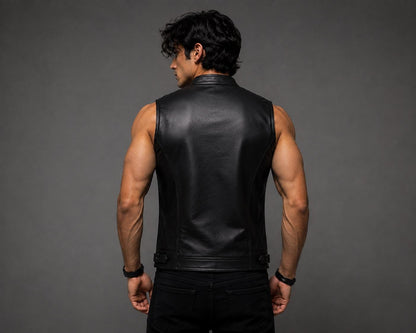 Black leather vest red emblem detail
