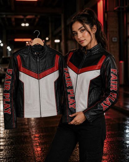 Red, black and white racing leather jacket by Premium Skin