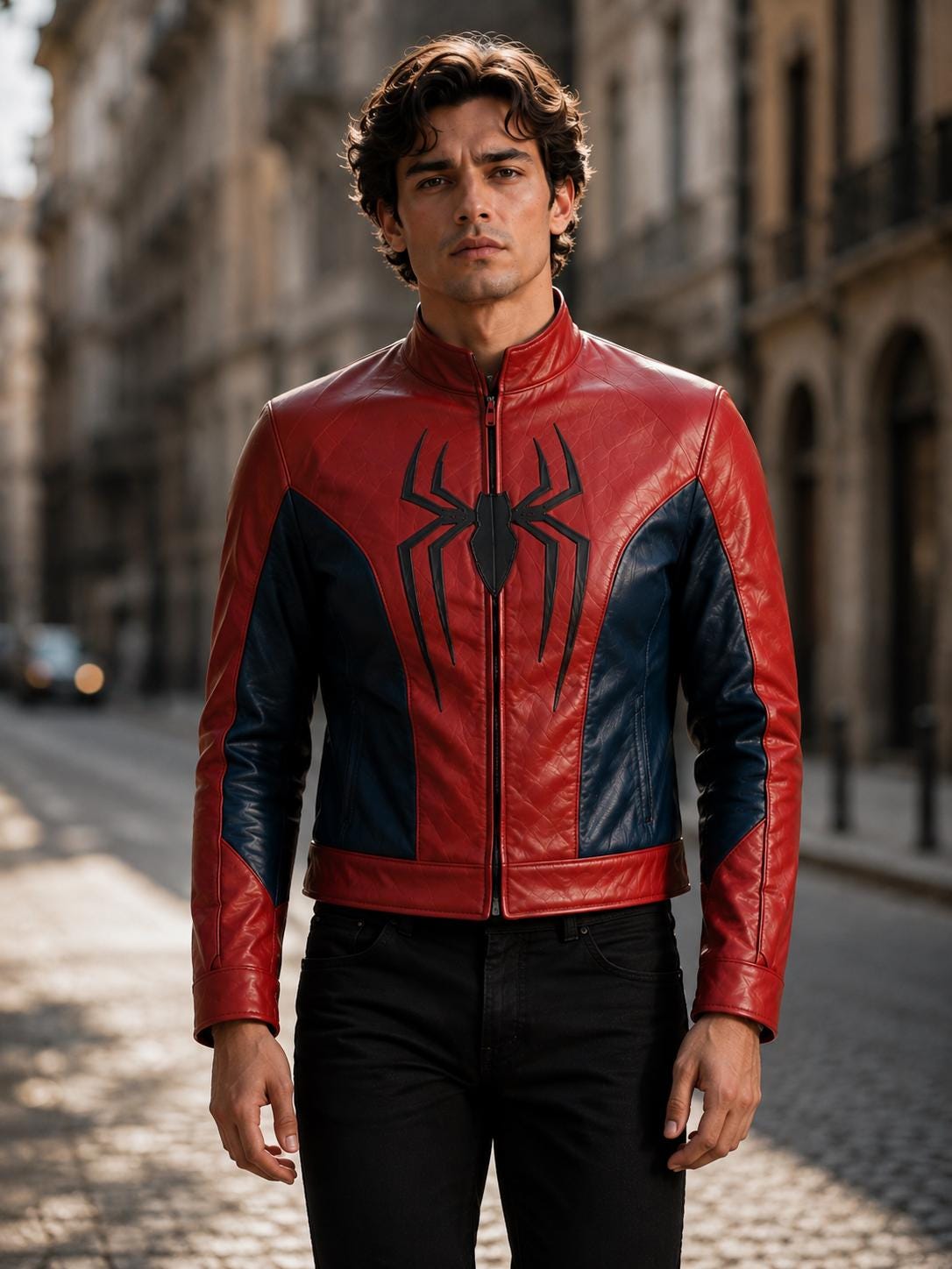 Red and blue hero-inspired leather jacket by Premium Skin