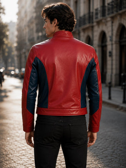 Red and blue hero-inspired leather jacket by Premium Skin