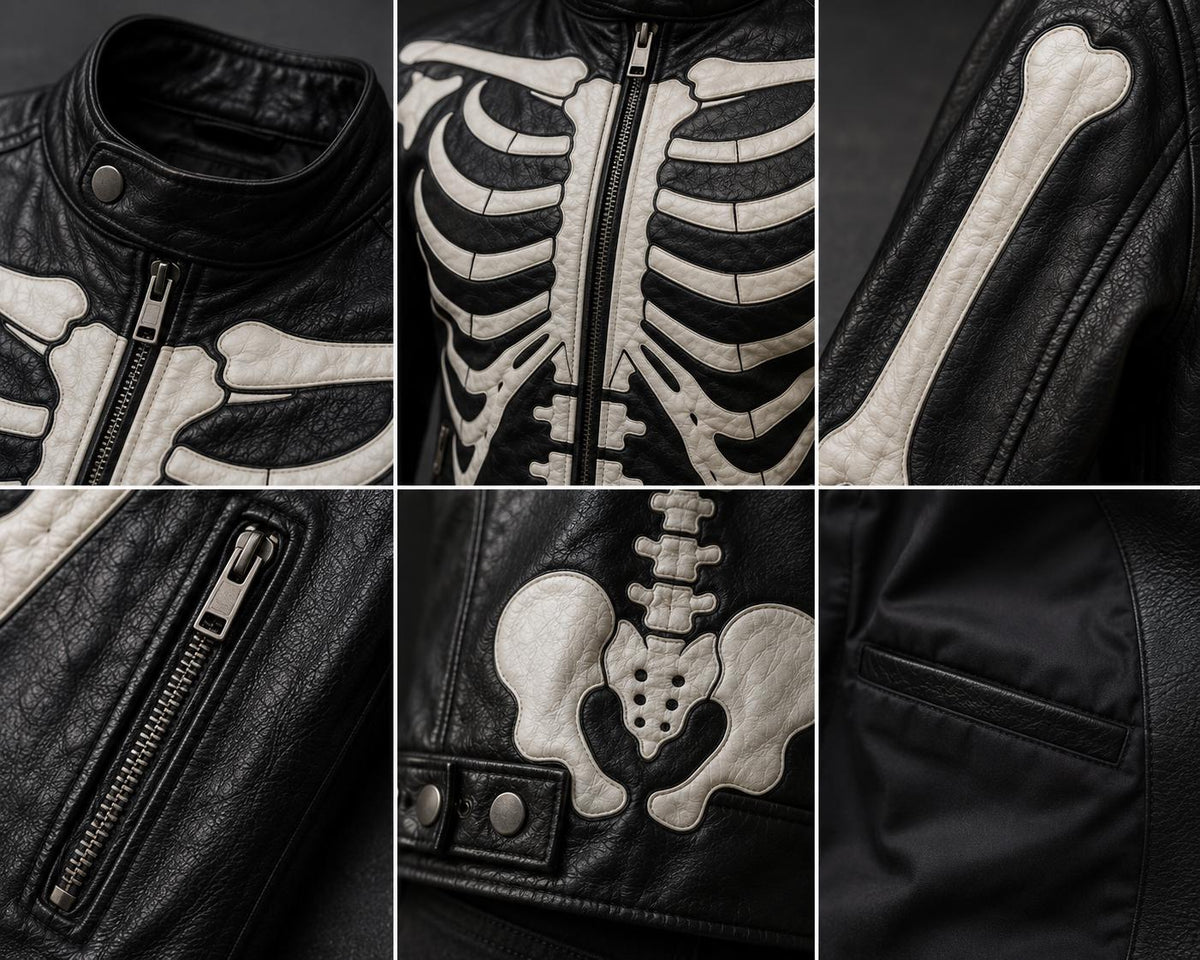 Black skeleton graphic leather biker jacket by Premium Skin
