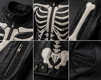 Black skeleton graphic leather biker jacket by Premium Skin
