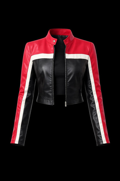 Women's red and black cafe racer jacket by Premium Skin