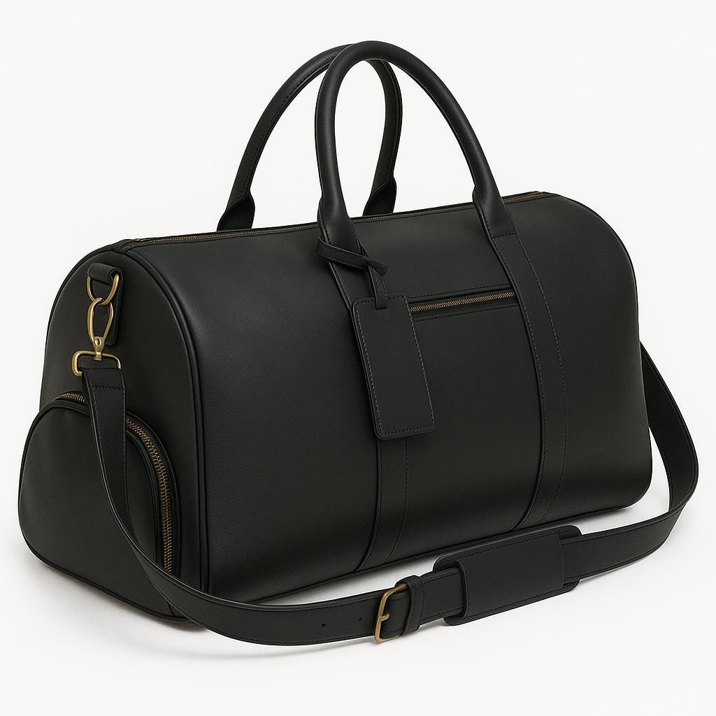 Black leather weekender duffel bag, front view