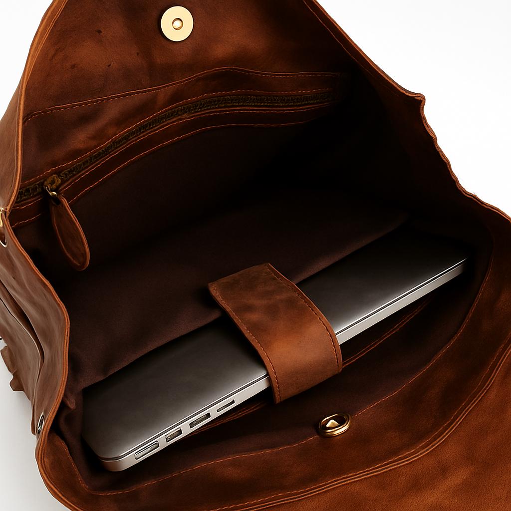 Brown leather backpack pocket and strap detail