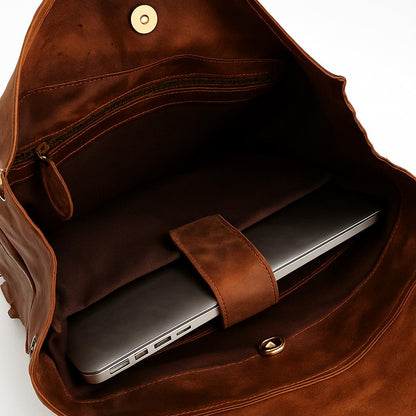 Brown leather backpack pocket and strap detail