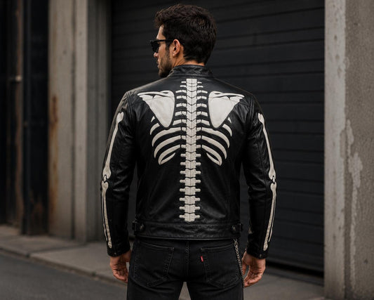 Black skeleton graphic leather biker jacket by Premium Skin