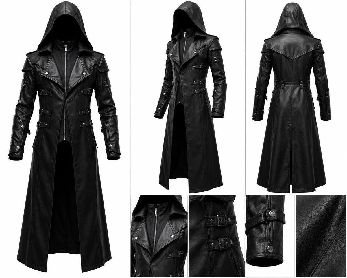 Black hooded gothic trench coat by Premium Skin