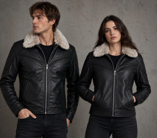 Black jacket with fur-style collar, front view