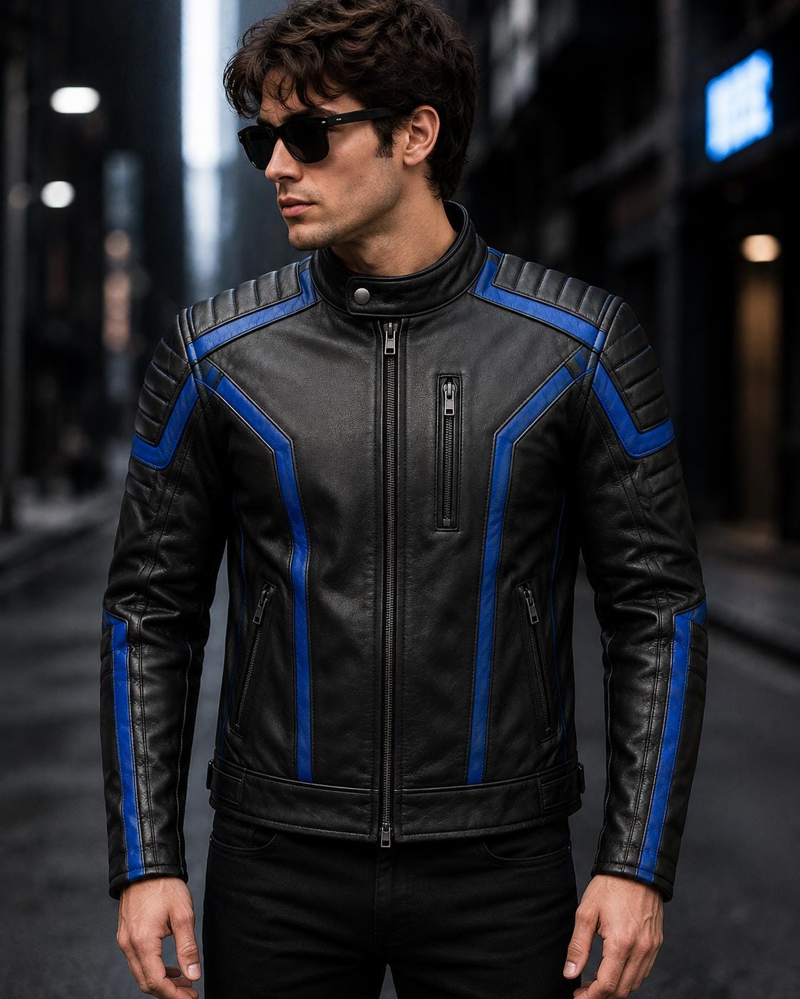 Black and blue futuristic rider jacket by Premium Skin