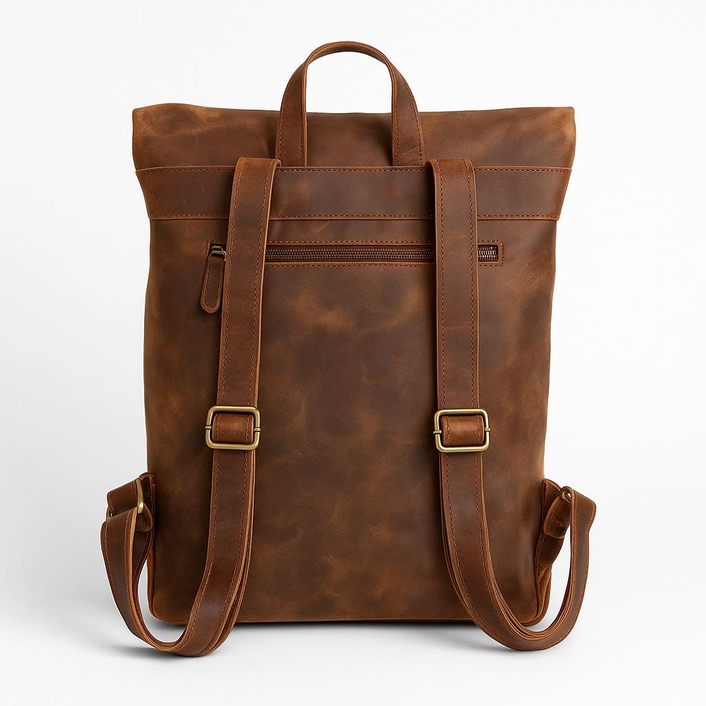 Brown leather backpack back view