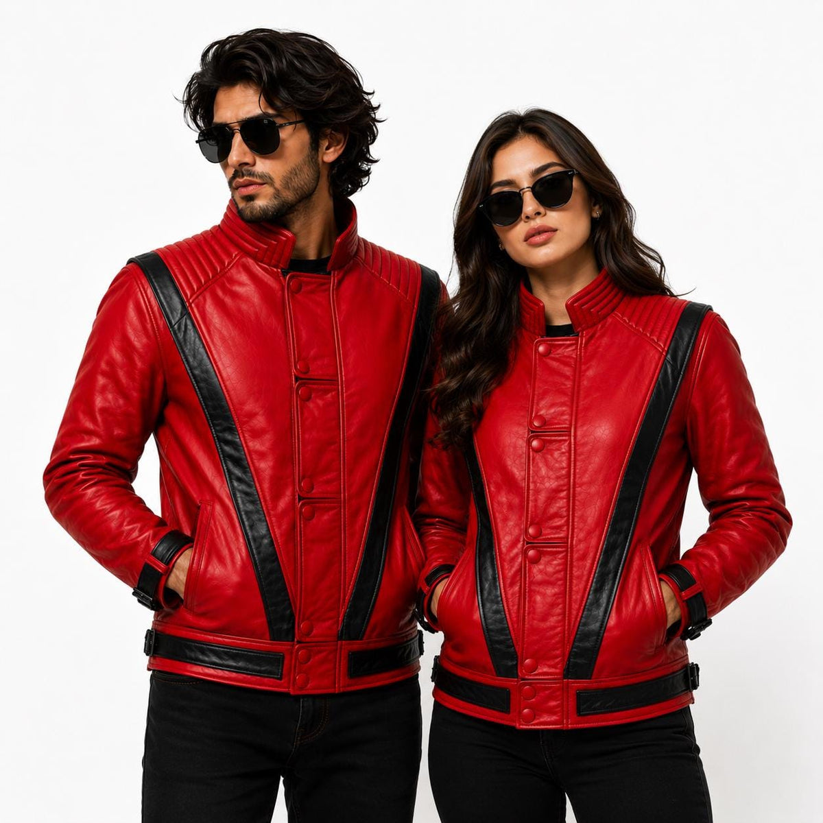 Red retro pop-inspired leather jacket by Premium Skin