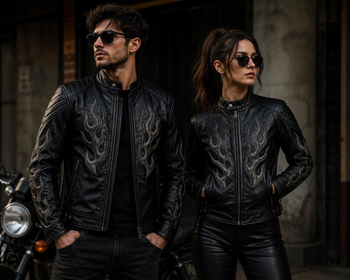 Black flame leather biker jacket by Premium Skin