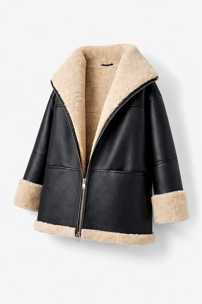Black shearling-style aviator jacket by Premium Skin