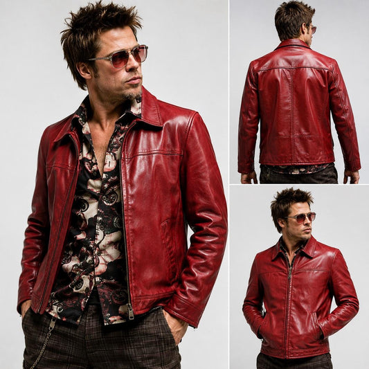 Red vintage biker leather jacket alternate angle