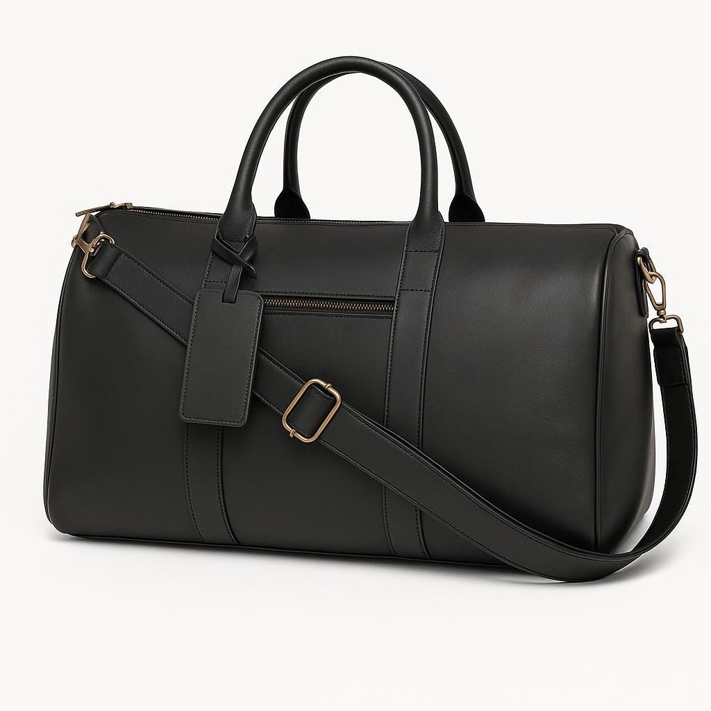 Black leather travel duffel bag side view