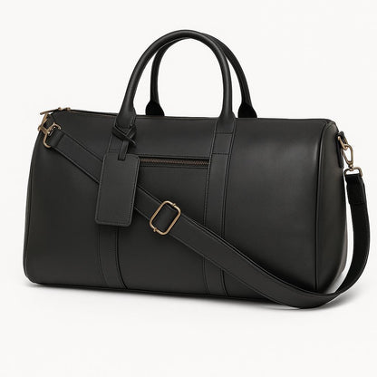 Black leather travel duffel bag side view