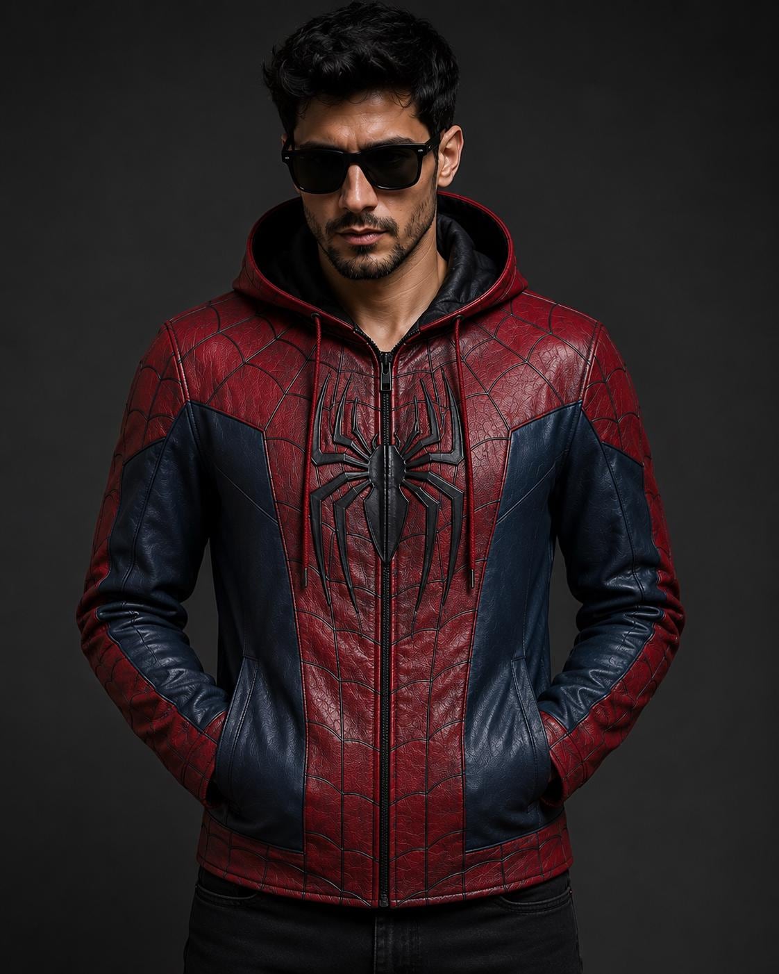Red and blue hooded superhero-inspired cosplay jacket, front view