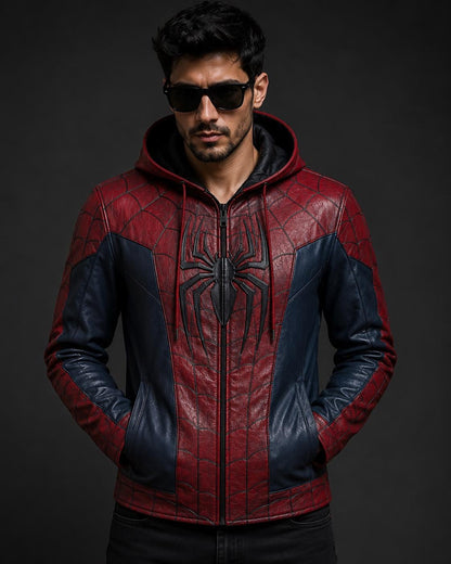 Red and blue hooded superhero-inspired cosplay jacket, front view