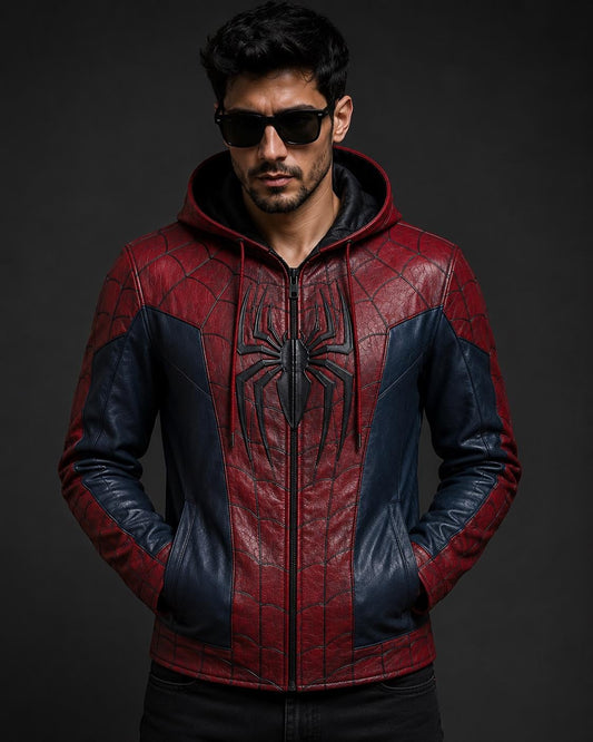 Red and blue hooded superhero-inspired cosplay jacket, front view