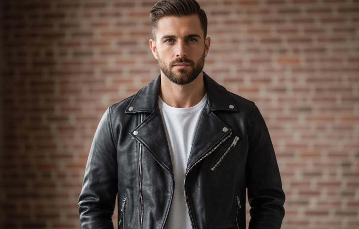 Men’s black biker leather jacket back view