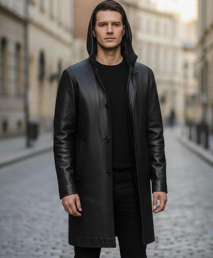 Black hooded leather duster coat by Premium Skin
