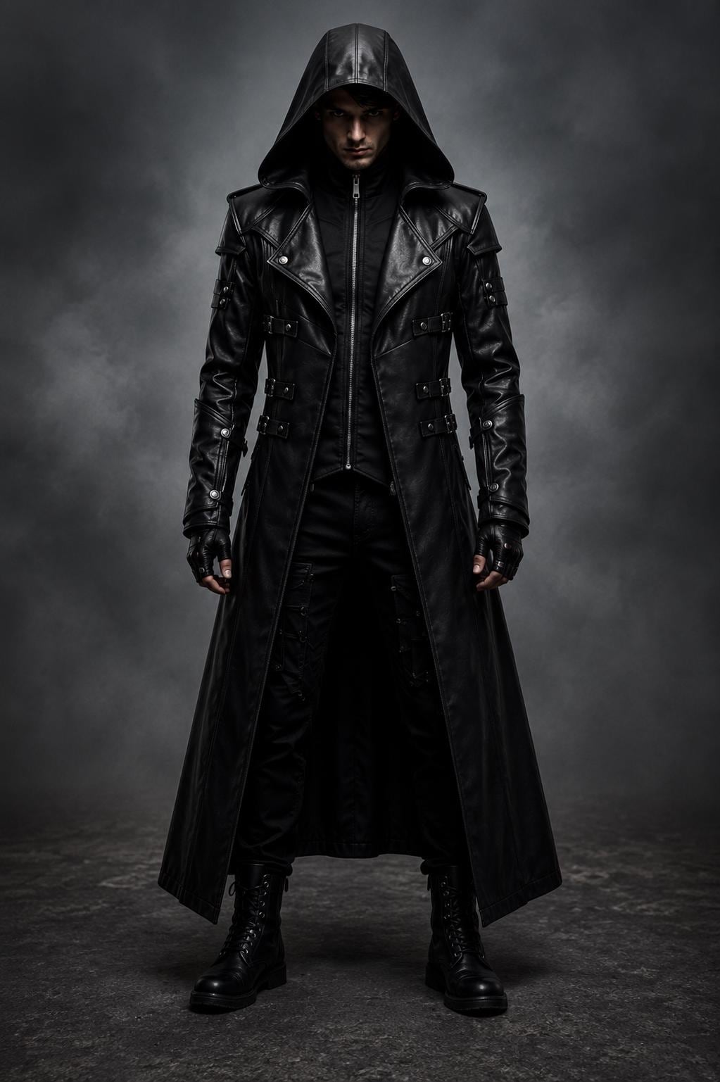 Black hooded gothic trench coat by Premium Skin