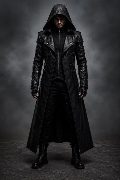 Black hooded gothic trench coat by Premium Skin