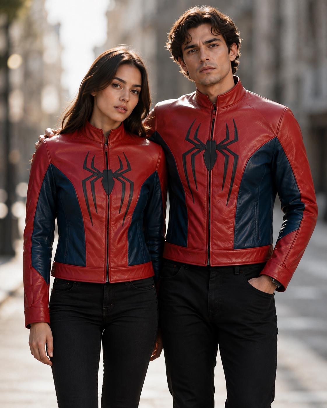 Red and blue hero-inspired leather jacket by Premium Skin