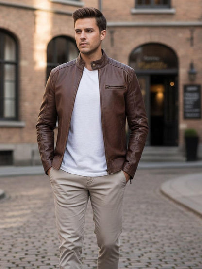 Distressed brown lambskin biker jacket by Premium Skin