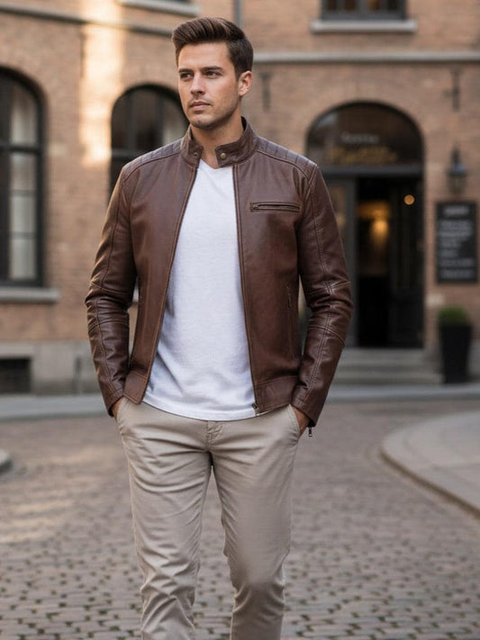 Distressed brown lambskin biker jacket by Premium Skin