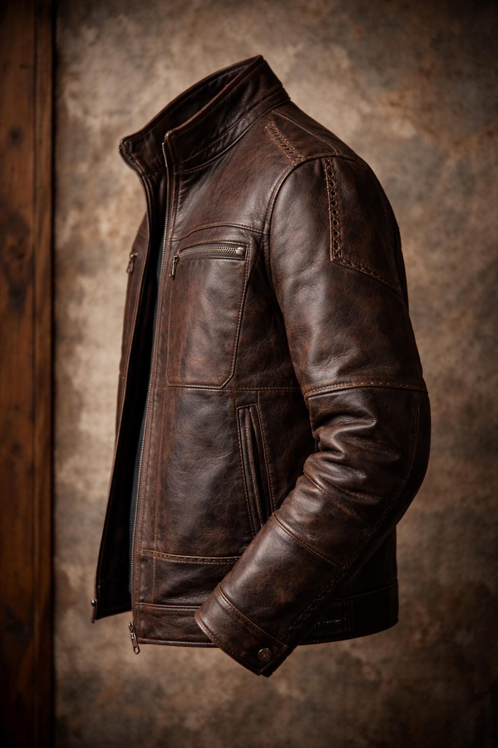 Dark brown patchwork leather biker jacket by Premium Skin