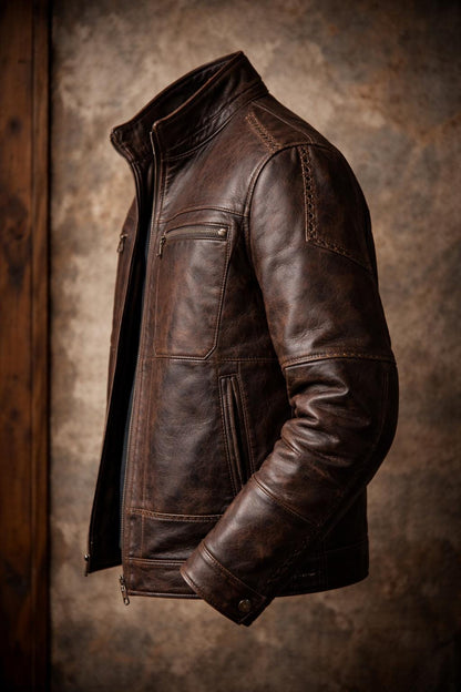 Dark brown patchwork leather biker jacket by Premium Skin