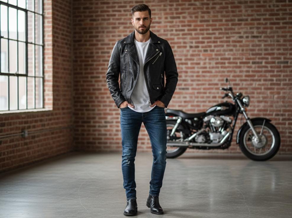Men’s black leather motorcycle jacket detail