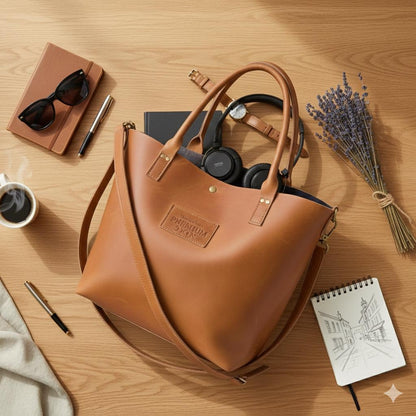 Brown full-grain leather tote bag by Premium Skin