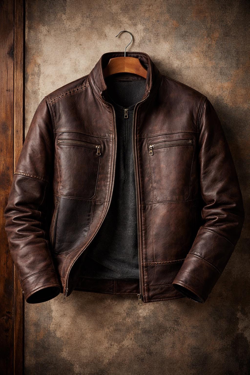 Dark brown patchwork leather biker jacket by Premium Skin