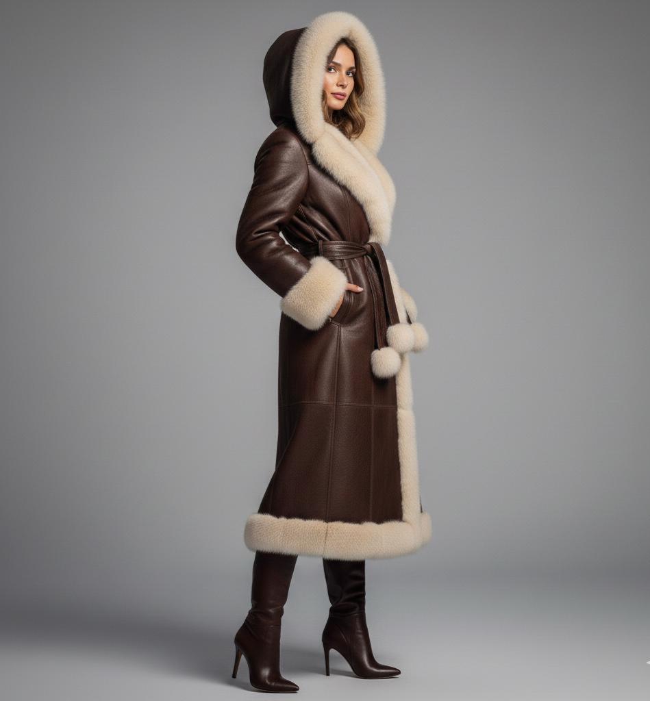 Belted leather-style winter trench coat with faux-fur hood by Premium Skin