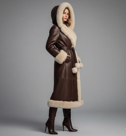 Belted leather-style winter trench coat with faux-fur hood by Premium Skin