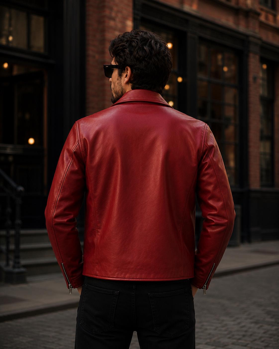 Men's red leather biker jacket by Premium Skin