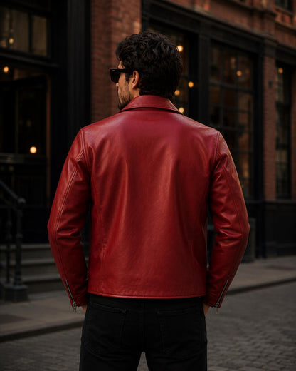 Men's red leather biker jacket by Premium Skin