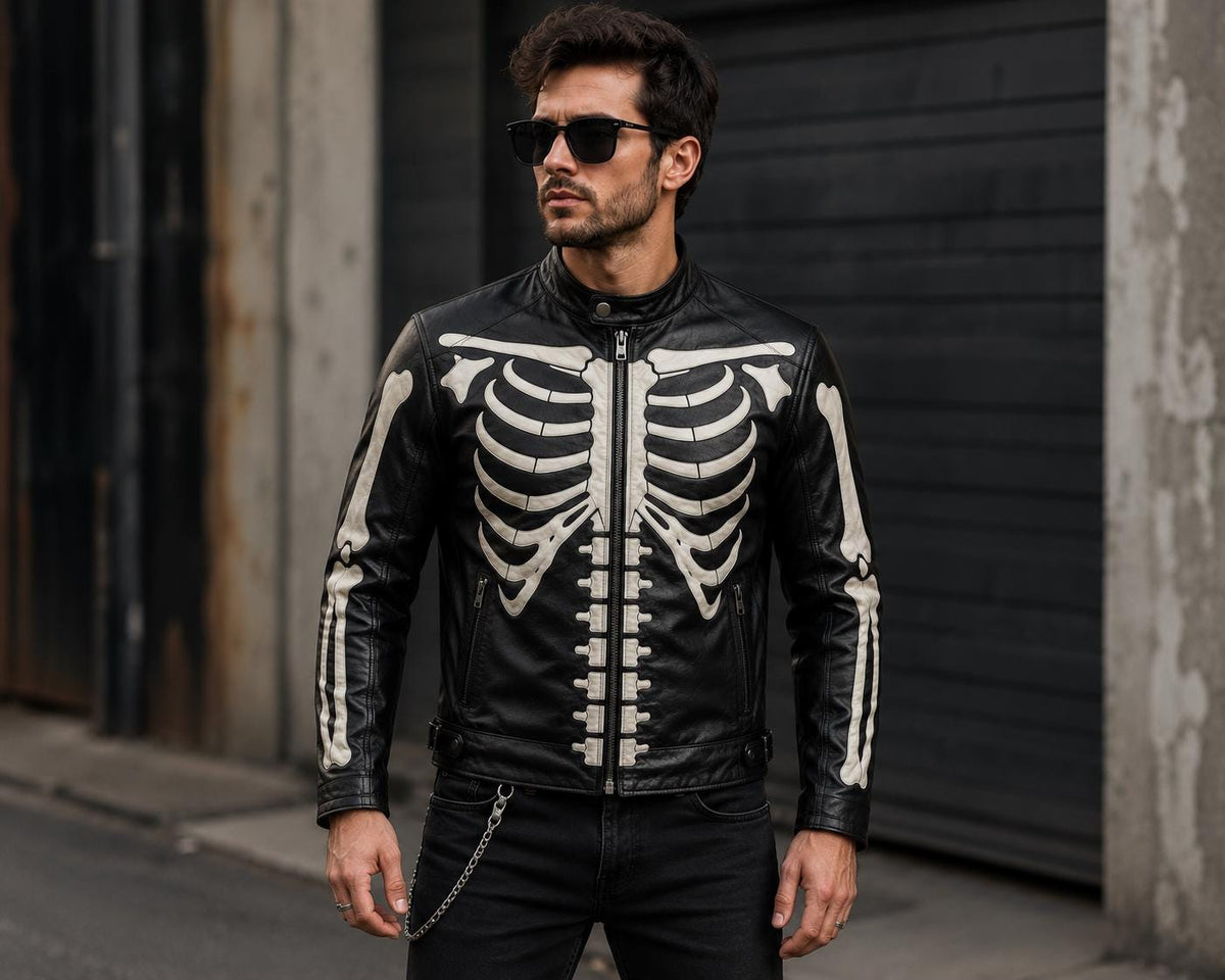 Black skeleton graphic leather biker jacket by Premium Skin