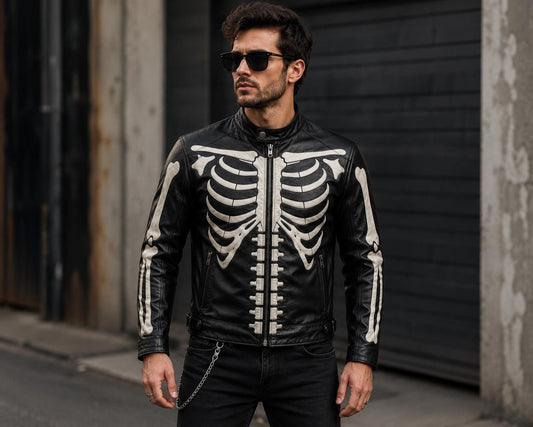 Black skeleton graphic leather biker jacket by Premium Skin