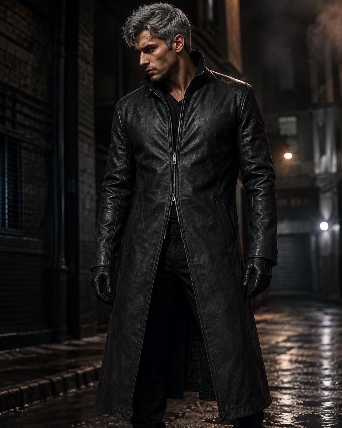 Black gothic long leather coat, front view