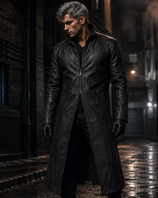 Black gothic long leather coat, front view