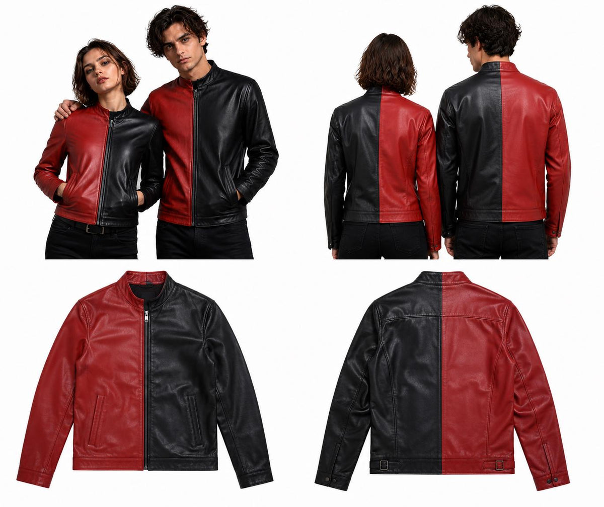 Red and black two-tone leather jacket by Premium Skin