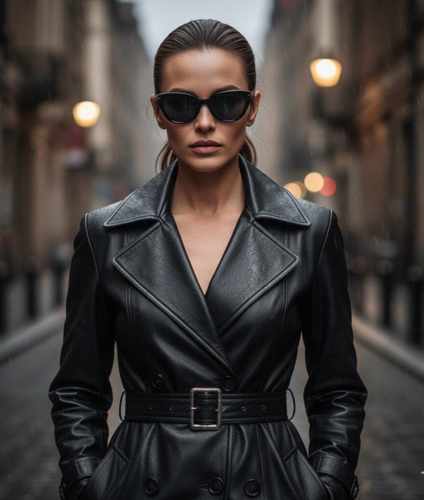 Black sheepskin leather long trench coat by Premium Skin